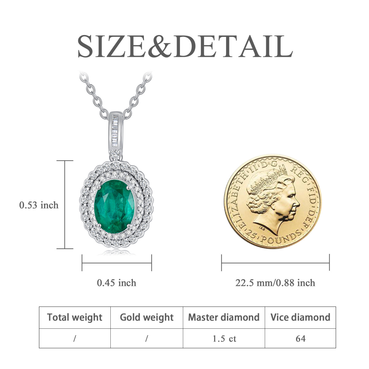 14K White Gold Oval Shaped Diamond & Emerald Oval Shaped Pendant Necklace-5