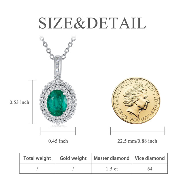 14K White Gold Oval Shaped Diamond & Emerald Oval Shaped Pendant Necklace-4