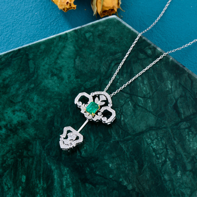 18K White Gold Emerald Key Pendant Necklace-4