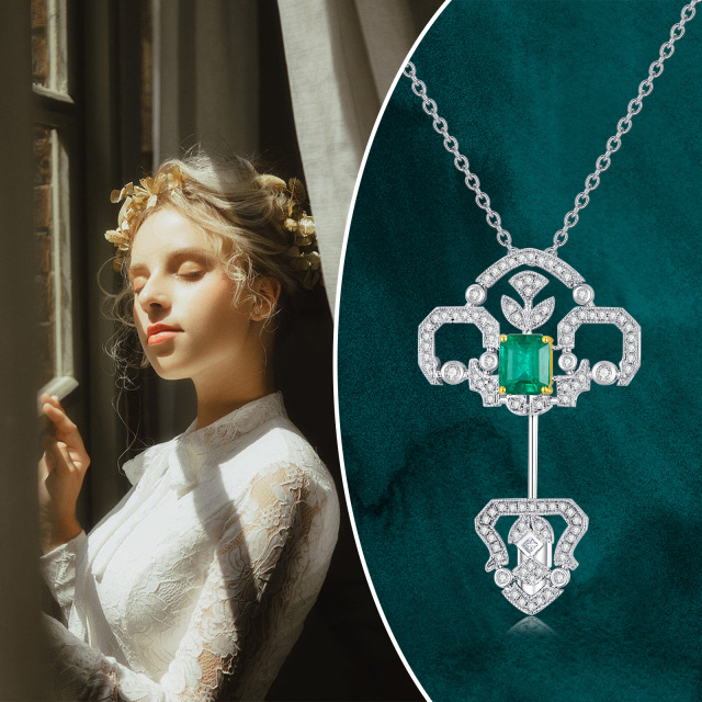 18K White Gold Emerald Key Pendant Necklace-2