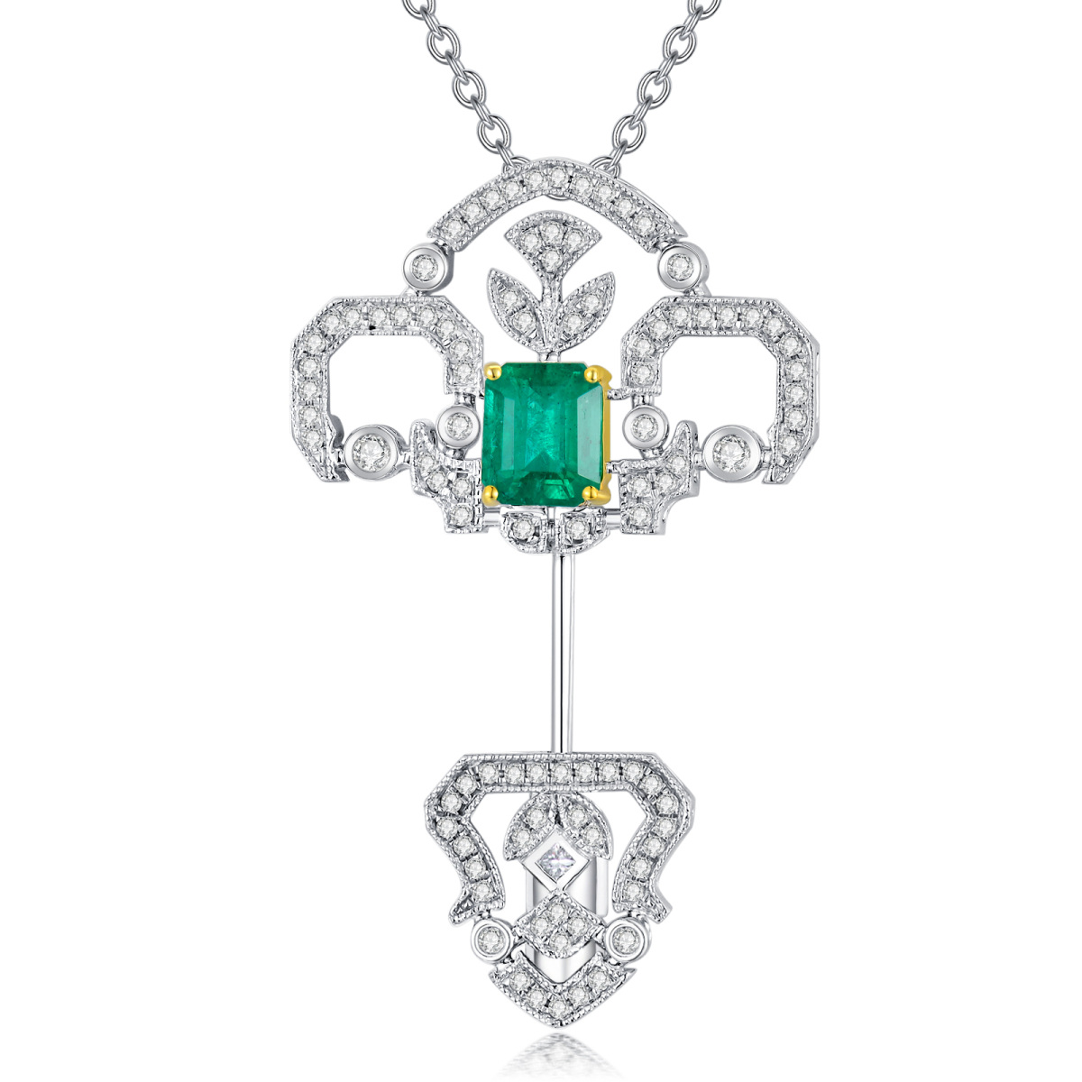 18K White Gold Emerald Key Pendant Necklace-1