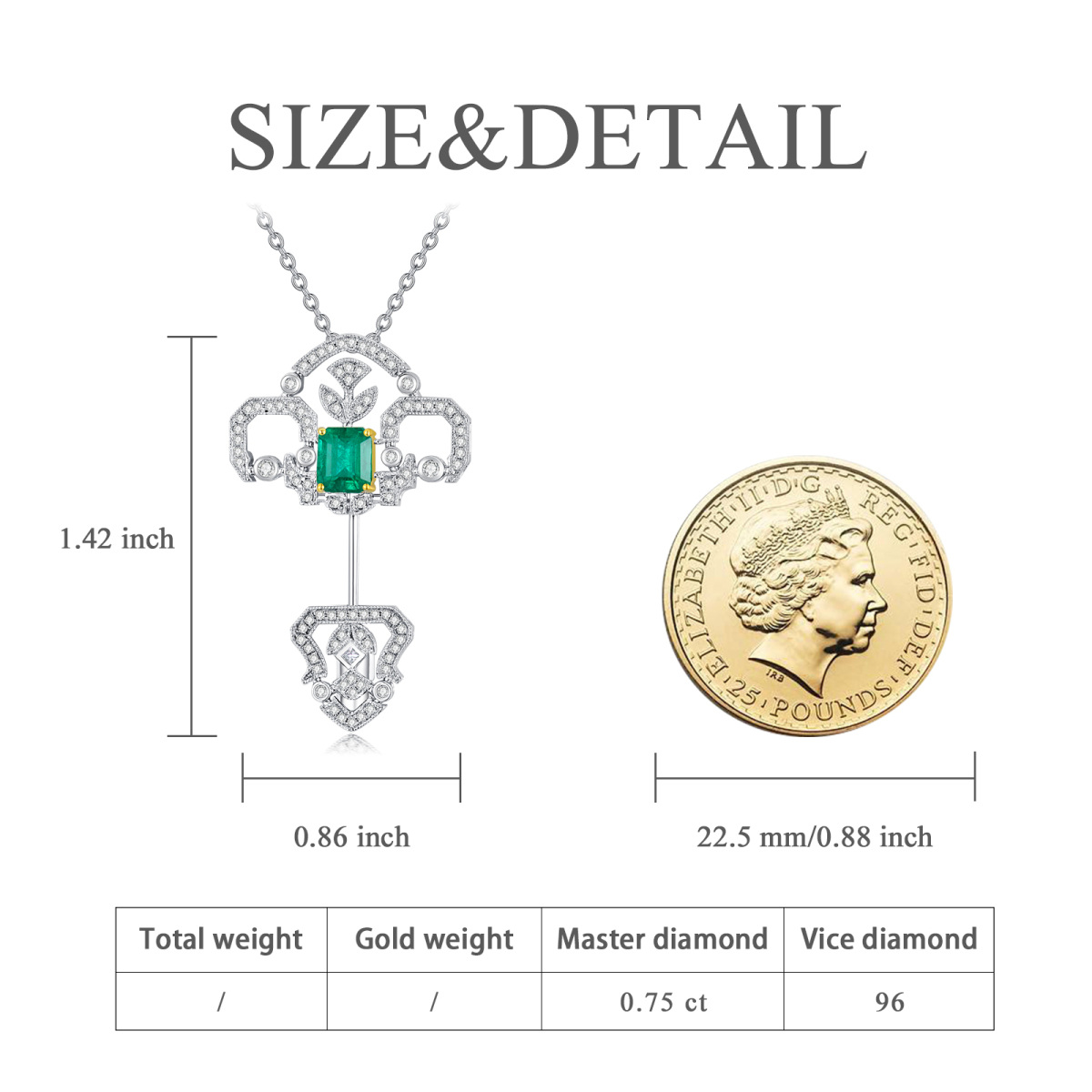 18K White Gold Emerald Key Pendant Necklace-6