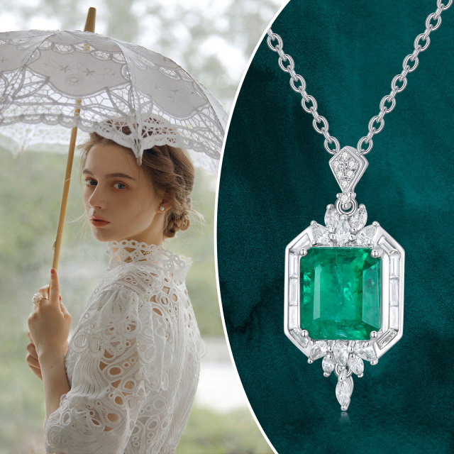 18K Yellow Gold Plated Princess-square Shaped Diamond & Emerald Square Pendant Necklace-2