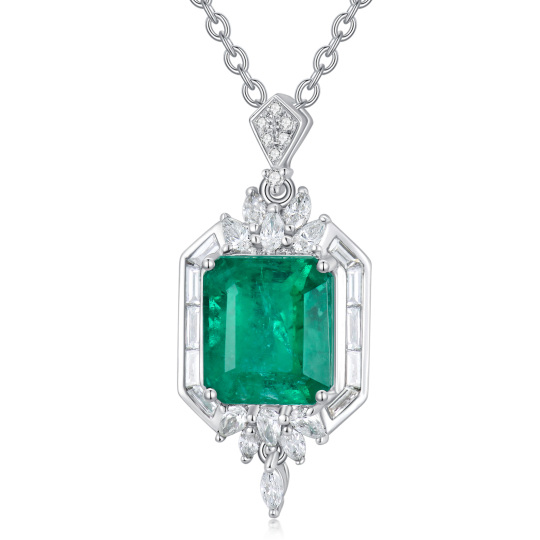 18K Yellow Gold Plated Princess-square Shaped Diamond & Emerald Square Pendant Necklace