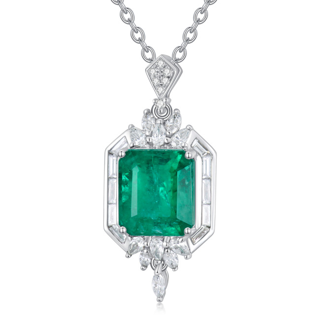 18K Yellow Gold Plated Princess-square Shaped Diamond & Emerald Square Pendant Necklace-0