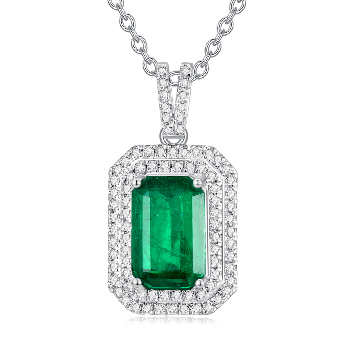 18K White Gold Princess-square Shaped Cubic Zirconia & Emerald Square Pendant Necklace-1