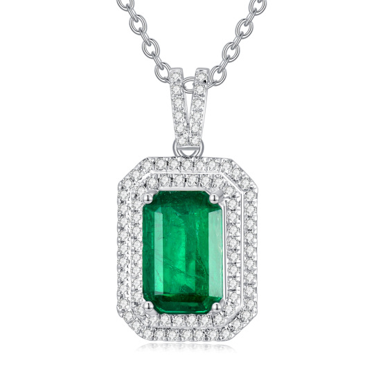 18K White Gold Princess-square Shaped Cubic Zirconia & Emerald Square Pendant Necklace