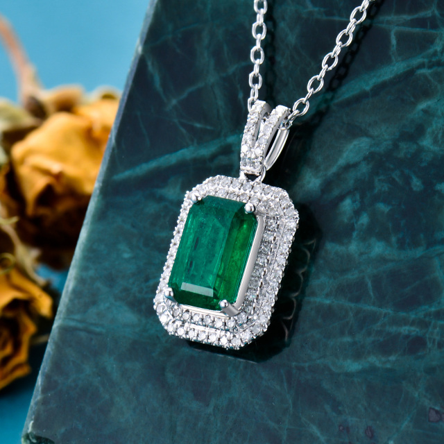 18K White Gold Princess-square Shaped Cubic Zirconia & Emerald Square Pendant Necklace-2