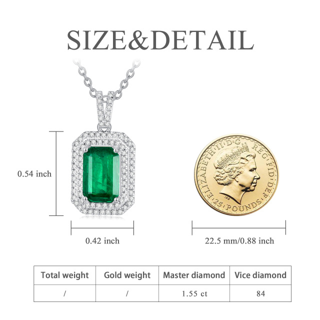 18K White Gold Princess-square Shaped Cubic Zirconia & Emerald Square Pendant Necklace-5