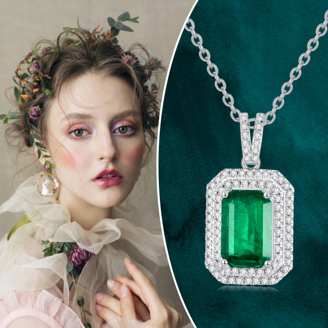 18K White Gold Princess-square Shaped Cubic Zirconia & Emerald Square Pendant Necklace-4