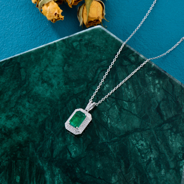 18K White Gold Princess-square Shaped Cubic Zirconia & Emerald Square Pendant Necklace-3
