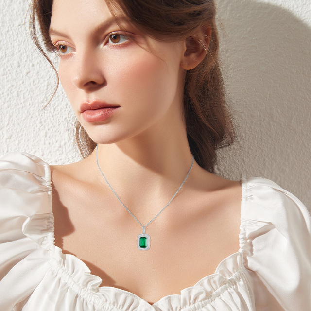 18K White Gold Princess-square Shaped Cubic Zirconia & Emerald Square Pendant Necklace-1