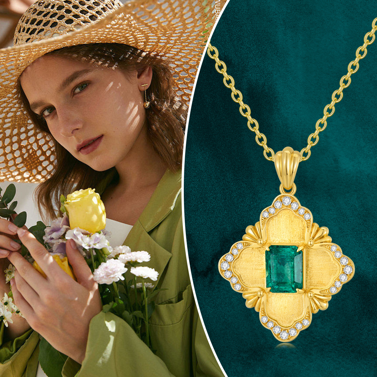18K Gold Prinzessin-Quadrat geformt Smaragd Blume des Lebens Anhänger Halskette-6