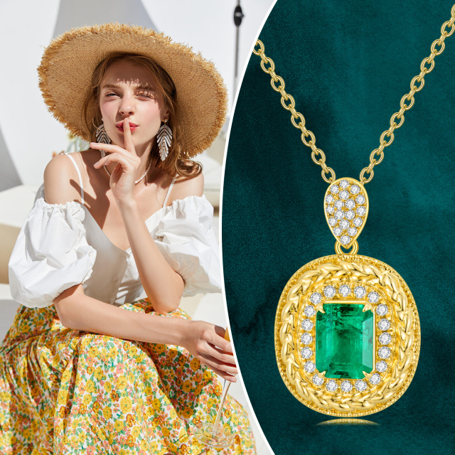 18K Gold Princess-square Shaped Emerald Round/Spherical Pendant Necklace-5