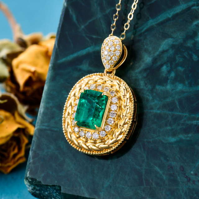 18K Gold Princess-square Shaped Emerald Round/Spherical Pendant Necklace-2