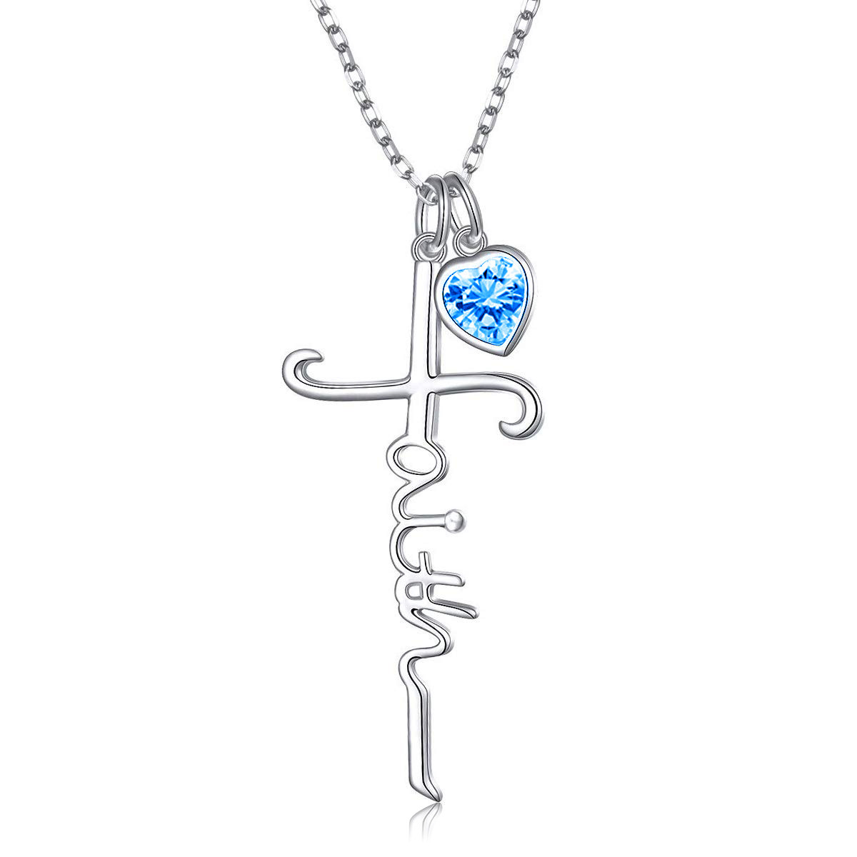 Plata de ley Corazón Zirconia Cúbico Cruz Colgante Collar con palabra grabada-1