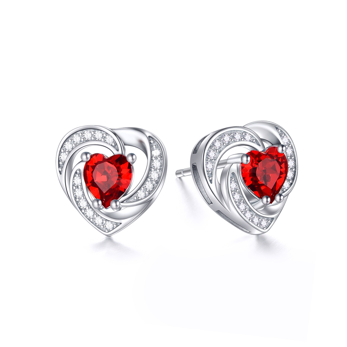 Sterling Silver Heart Shaped Crystal & Cubic Zirconia Heart Stud Earrings-1