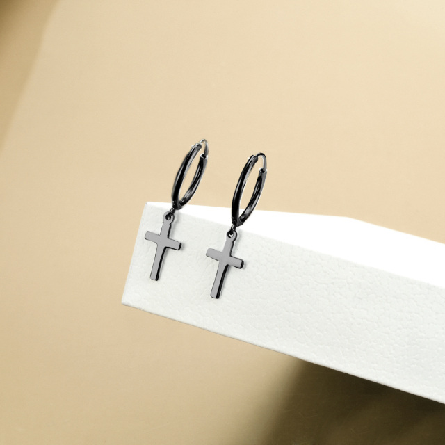 Sterling Silver with Black Rhodium Color Cross Drop Earrings-5