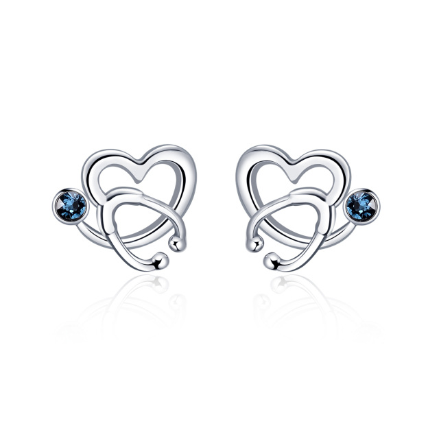 Sterling Silver Circular Shaped Crystal Heart & Stethoscope Stud Earrings-1