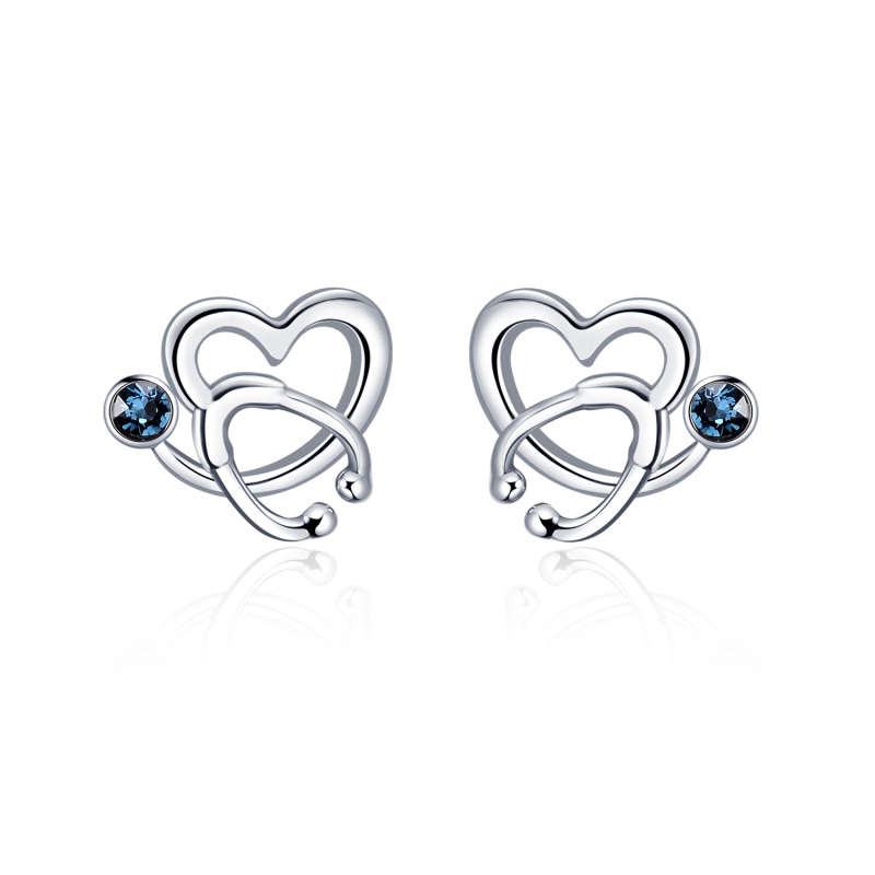 Sterling Silver Circular Shaped Crystal Heart & Stethoscope Stud Earrings
