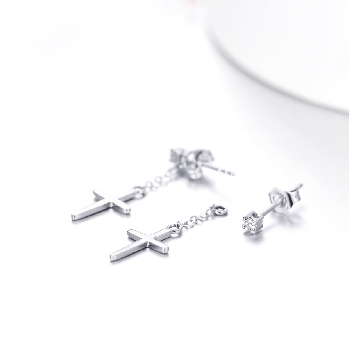 14K White Gold Circular Shaped Moissanite Cross Drop Earrings-5