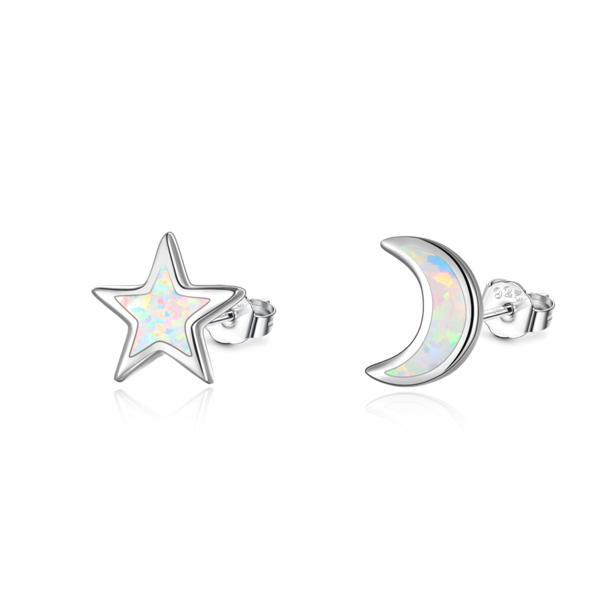 Sterling Silver Opal Moon & Star Stud Earrings-1