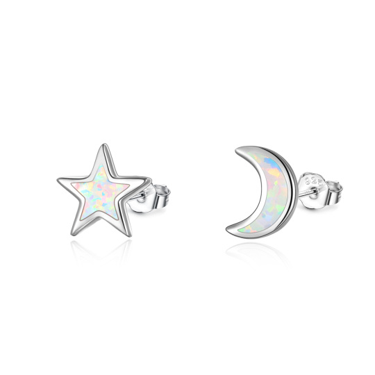 Sterling Silver Opal Moon & Star Stud Earrings