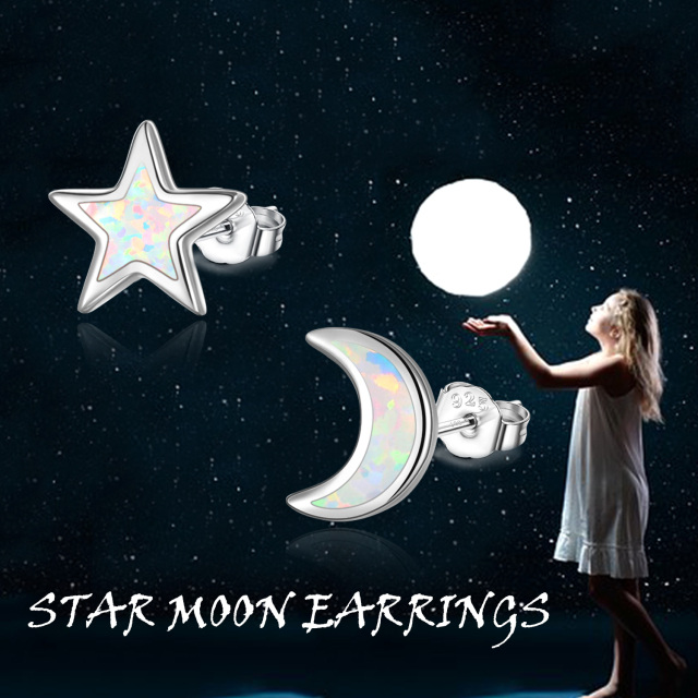 Brincos de prata esterlina Opal Moon & Star Stud Brincos-2
