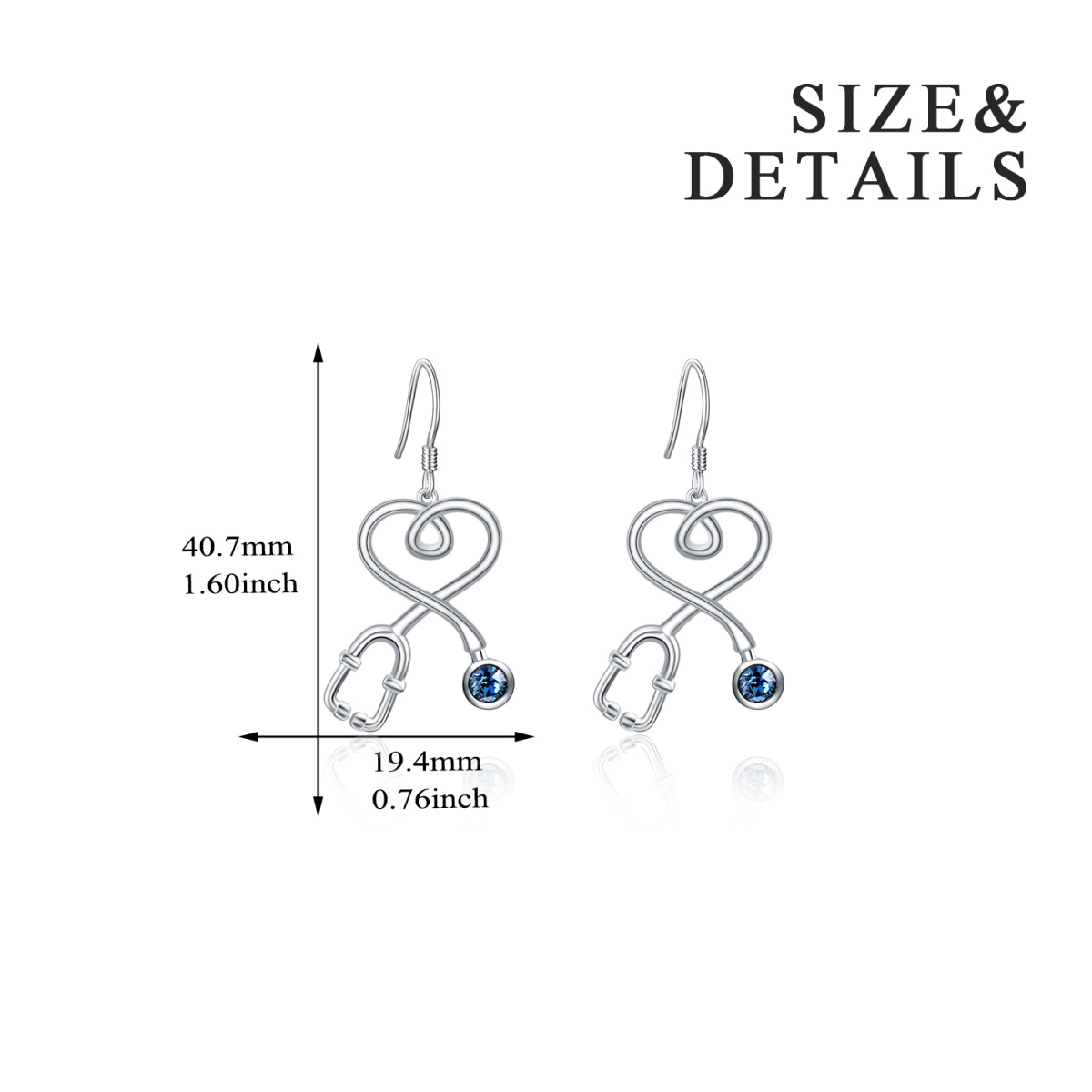 Sterling Silver Circular Shaped Blue Crystal Heart Stethoscope Drop Earrings-6