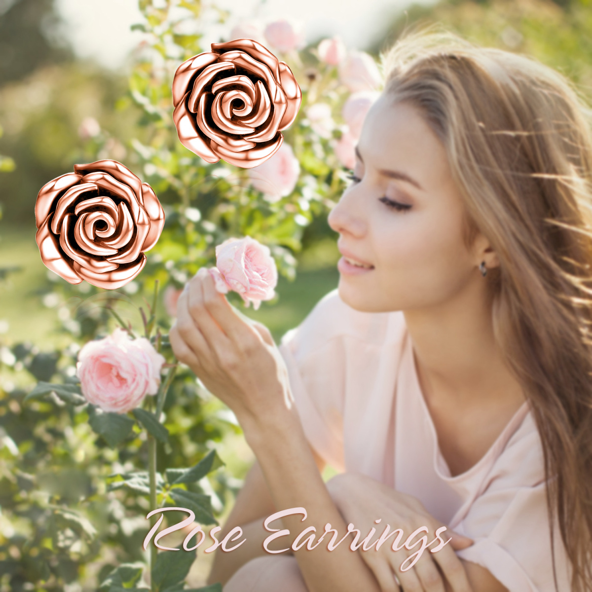 Sterling Silver with Rose Gold Plated Rose Stud Earrings-6