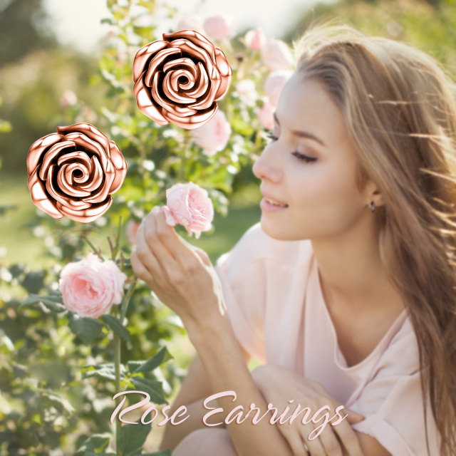 Sterling Silver with Rose Gold Plated Rose Stud Earrings-5