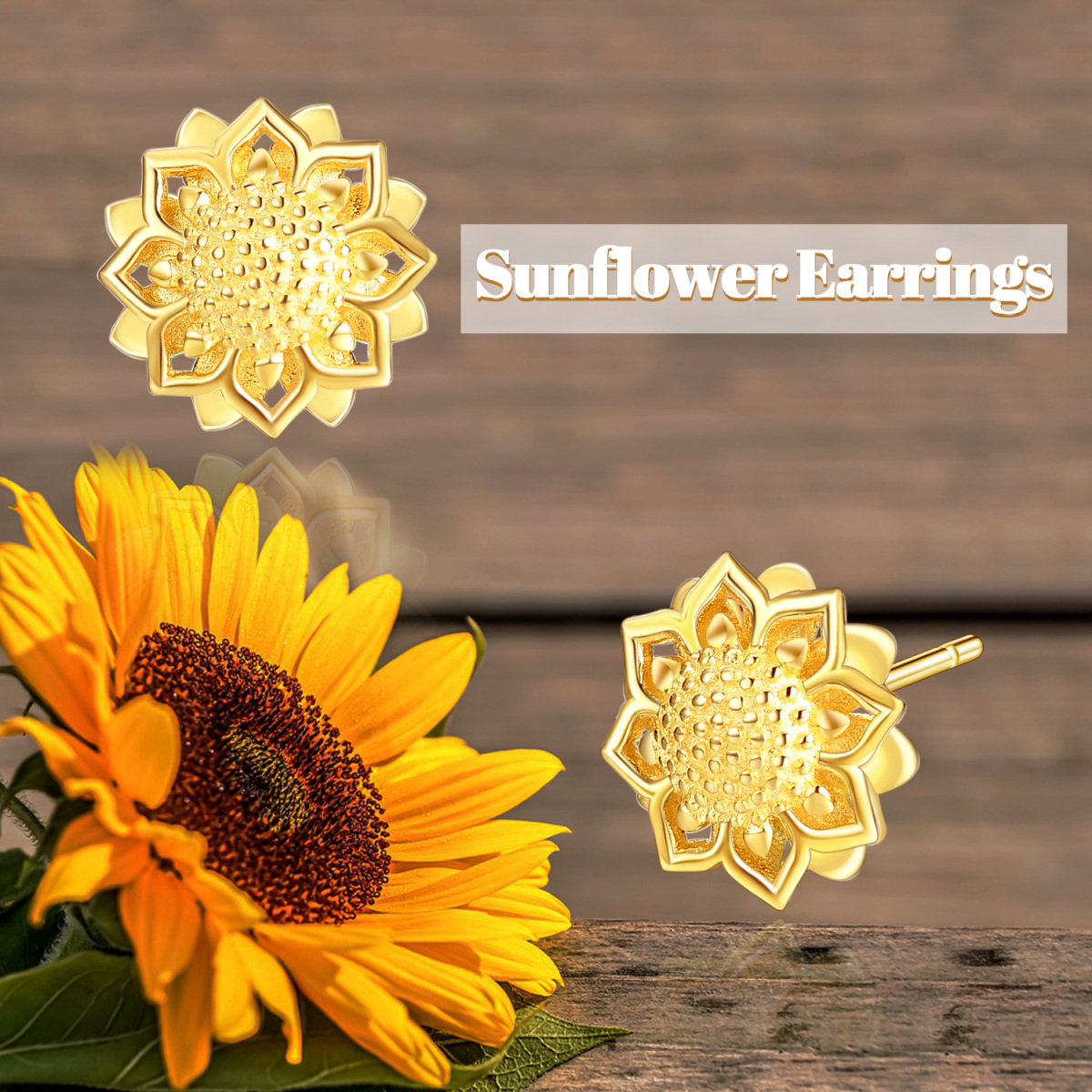 Sterling Silver with Yellow Gold Plated Sunflower Stud Earrings-6