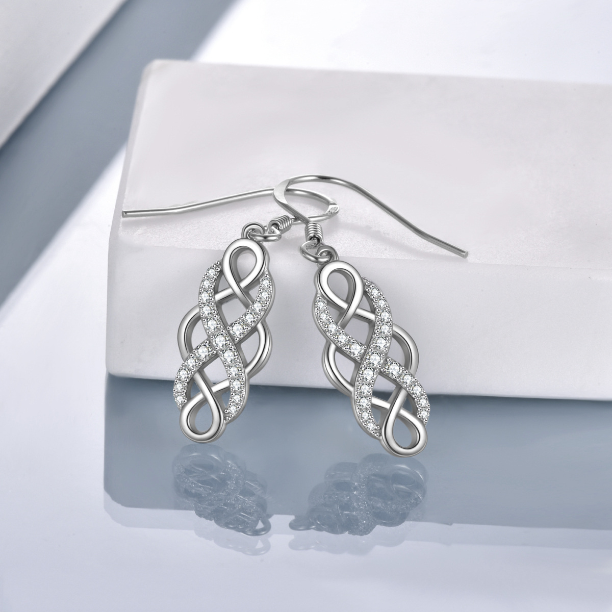 Sterling Silver Cubic Zirconia Celtic Knot Drop Earrings-3