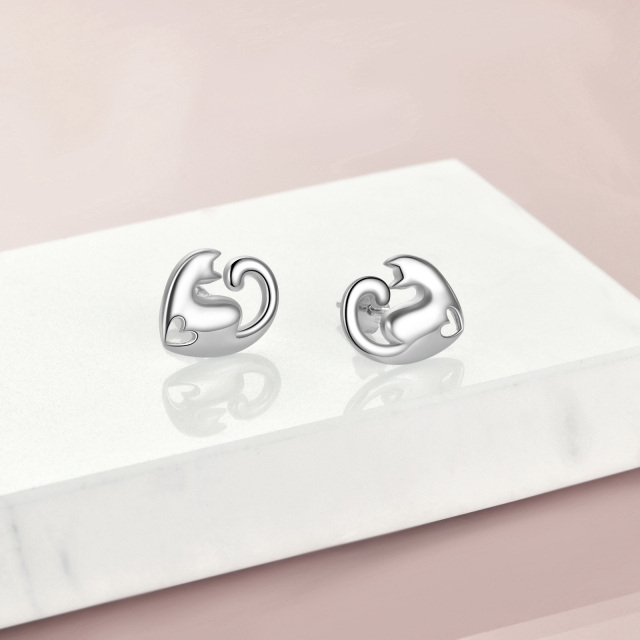Sterling Silver Cat Heart Stud Earrings-3