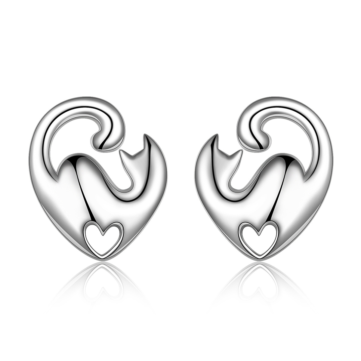Sterling Silver Cat Heart Stud Earrings-1