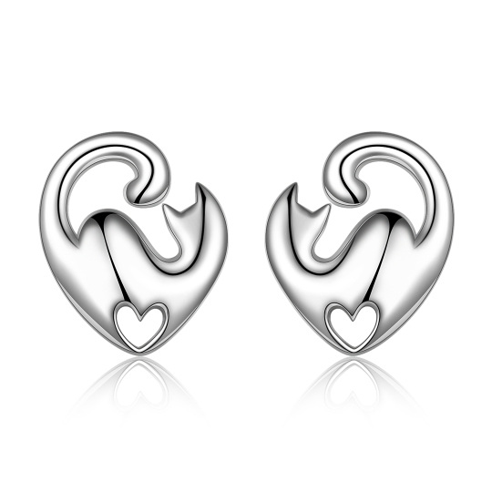 Sterling Silver Cat Heart Stud Earrings