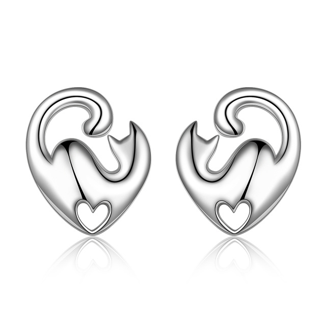 Sterling Silver Cat Heart Stud Earrings-0