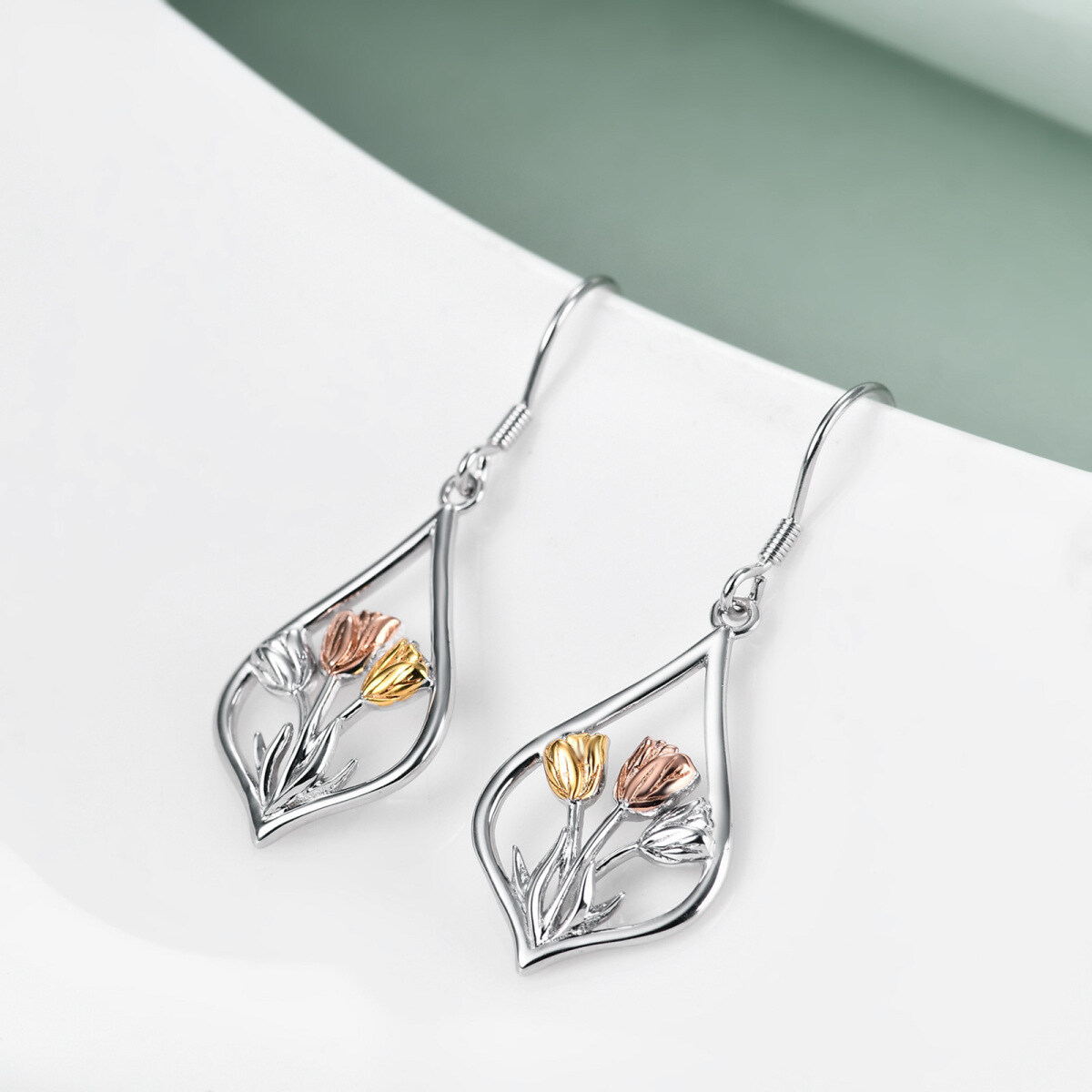 Sterling Silver Tri-tone Tulip Drop Earrings-3