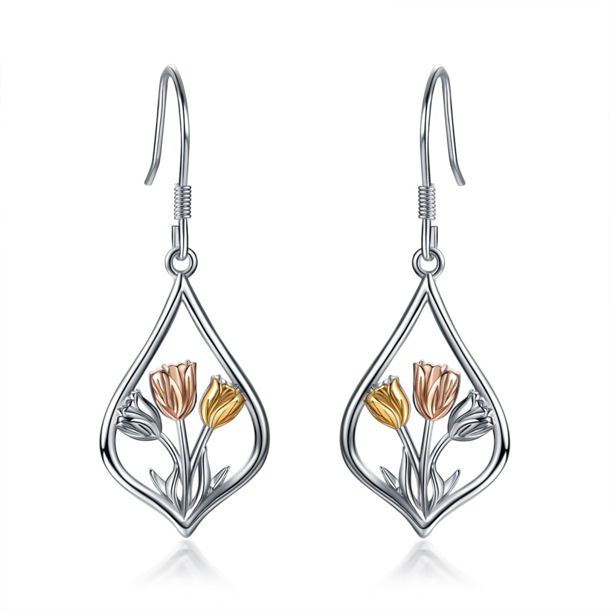 Sterling Silver Tri-tone Tulip Drop Earrings-1