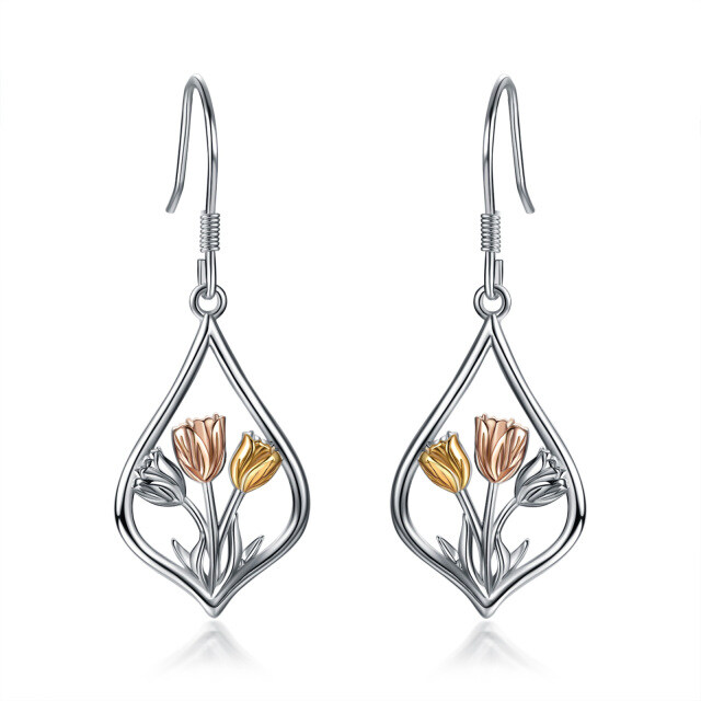 Sterling Silver Tri-tone Tulip Drop Earrings-2