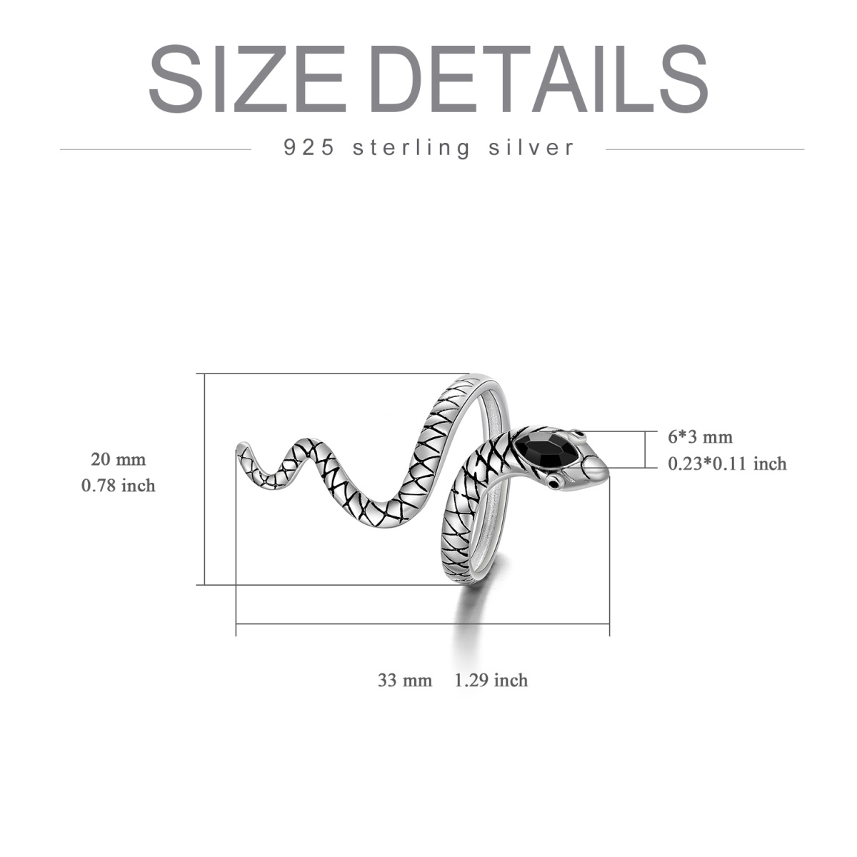 Anillo abierto de plata de ley con forma de marquesa de cristal y serpiente-6