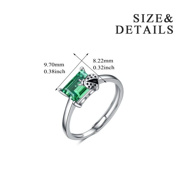 Joaninha de prata esterlina com anel aberto ajustável de cristal verde esmeralda-4