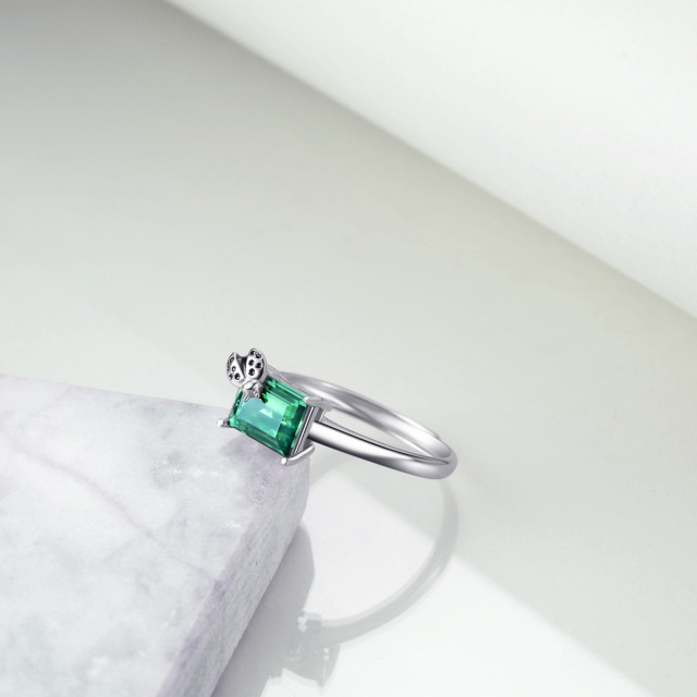Joaninha de prata esterlina com anel aberto ajustável de cristal verde esmeralda-3
