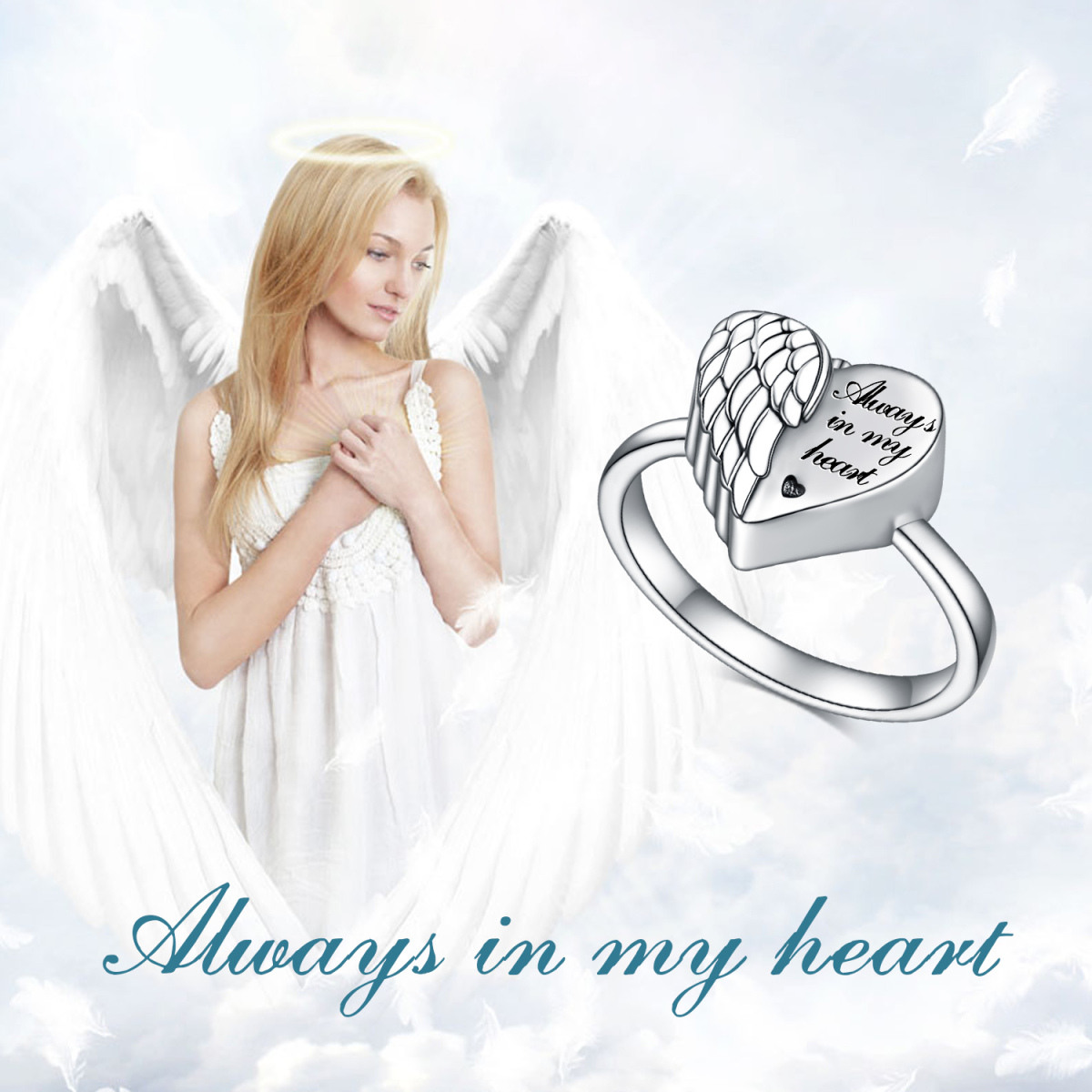 Anillo urna de plata de ley con forma de corazón y alas de ángel-5