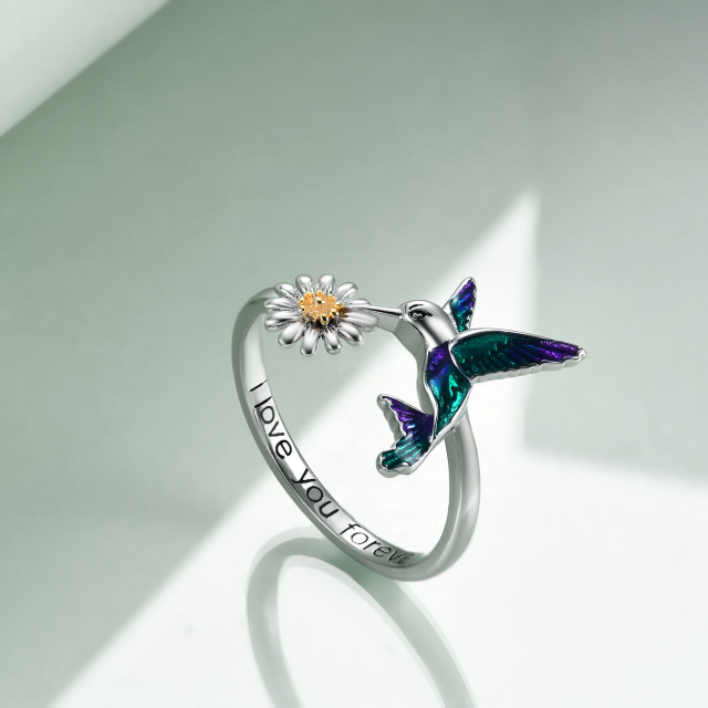 Sterling Silver Two-tone Hummingbird & Daisy Ring with Engraved Word-2