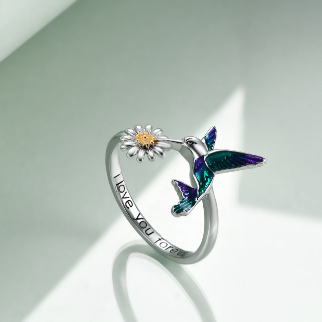 Bague marguerite colibri bicolore en argent sterling avec mot gravé-2