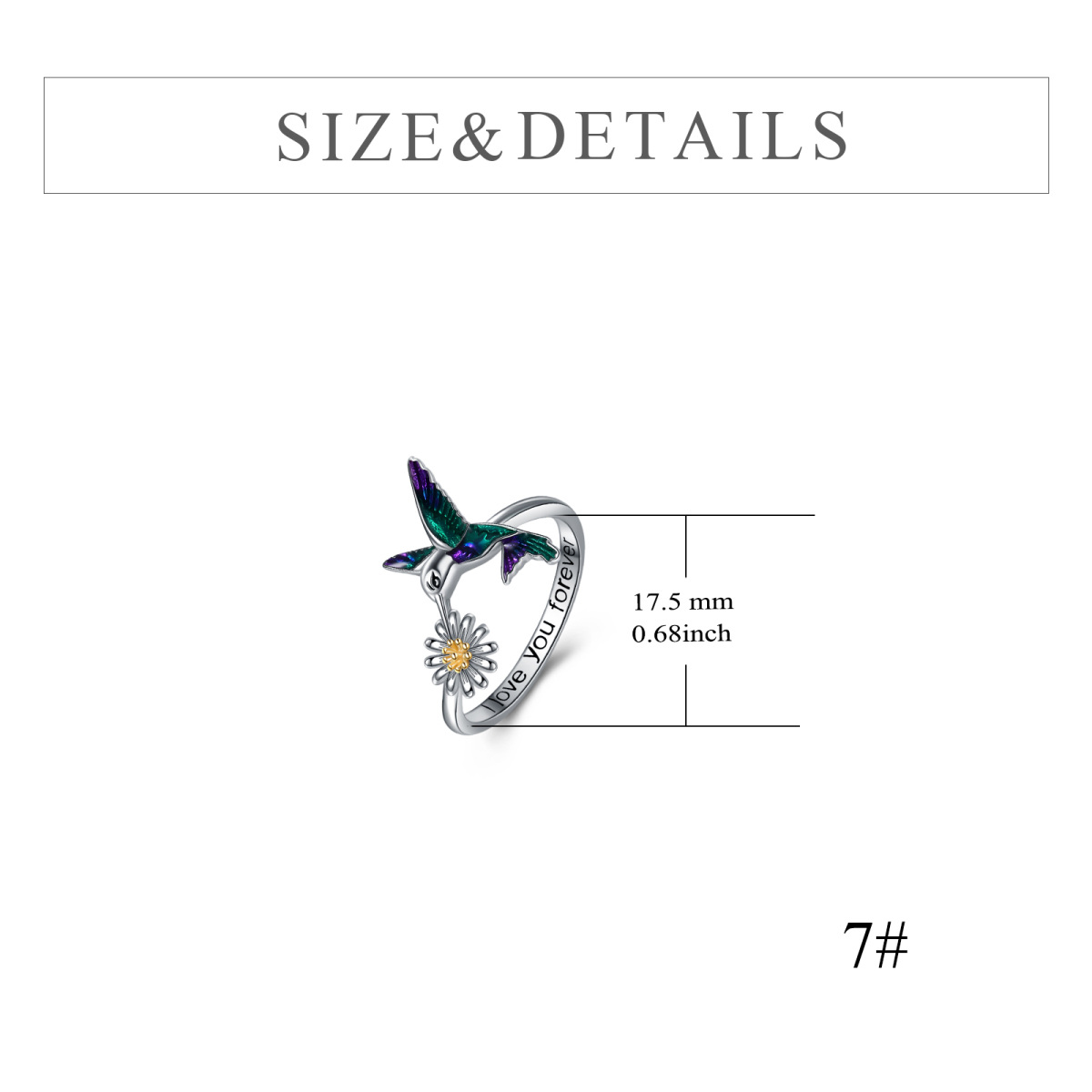 Zweifarbiger Kolibri-Gänseblümchenring aus Sterlingsilber mit eingraviertem Wort-5