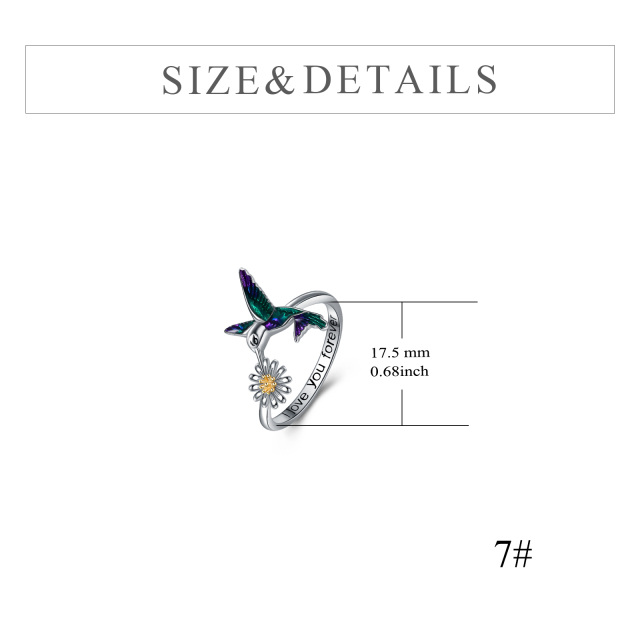 Sterling Silver Two-tone Hummingbird & Daisy Ring with Engraved Word-4