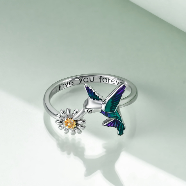 Sterling Silver Two-tone Hummingbird & Daisy Ring with Engraved Word-3