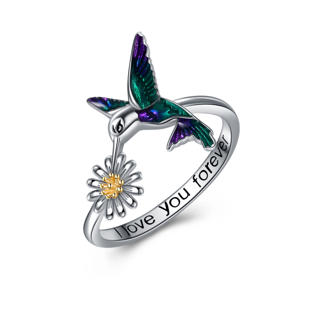 Sterling Silver Two-tone Hummingbird & Daisy Ring with Engraved Word-1